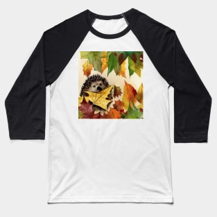 Hedgehog hiding between Autumn Leaves Baseball T-Shirt